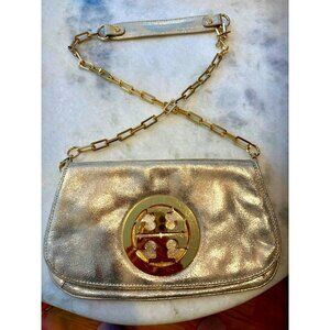 Tory Burch Reva Gold Logo Plaque Chain Clutch/Shoulder Bag